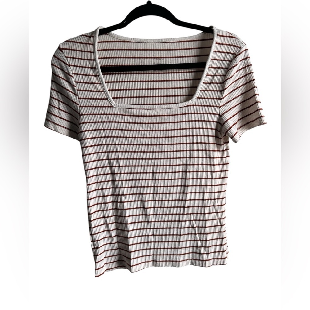 Ribbed square neck short sleeve t-shirt by A New Day brown & white stripes.